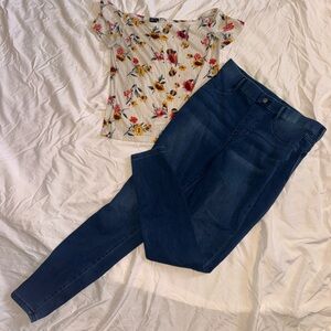 Rue21 Floral Blouse Top and Time & Tru Blue Jeans Set, both size medium